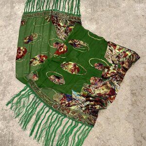 Sue Wong 100% Silk Scarf Shawl Large Green Orange Sheer Lace Hand Beaded New #8